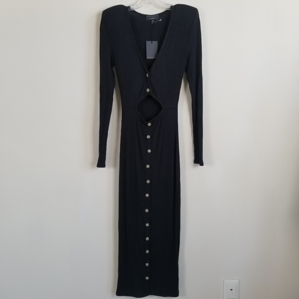 Michael Costello X Revolve Ribbed Bodycon Dress Cut-Out Button Front Medium NWT